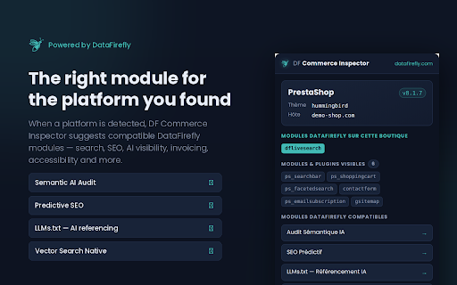 DF Commerce Inspector :: Detect PrestaShop, WooCommerce, Shopware & Shopify: version, theme, modules — plus compatible DataFirefly modules.