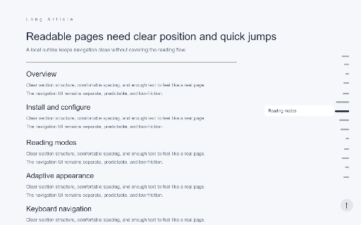 Smart TOC & Scroll :: Adaptive reading navigation for long articles: TOC, progress outline, hover preview, smart skip, and smooth scroll to top.