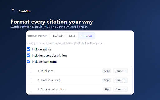 CardCite :: Generates formatted source citations from any webpage or PDF, with source descriptions for over 600 common sources.