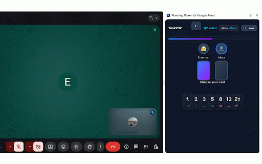 Planning Poker for Google Meet :: Planning poker in the Meet side panel: create sessions, vote, and sync estimates in real time.