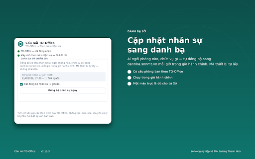 Cầu nối TD-Office → Theo dõi nhiệm vụ :: Cảnh báo văn bản quá hạn/sắp đến hạn; đồng bộ một chiều, chỉ đọc nhiệm vụ, văn bản và nhân sự từ TD-Office về hệ nội bộ của Sở.