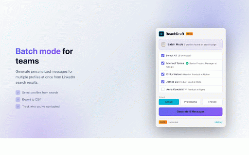 ReachDraft :: AI-powered LinkedIn outreach messages in one click. Auto-insert to LinkedIn, contact tracking, batch mode & CSV export.