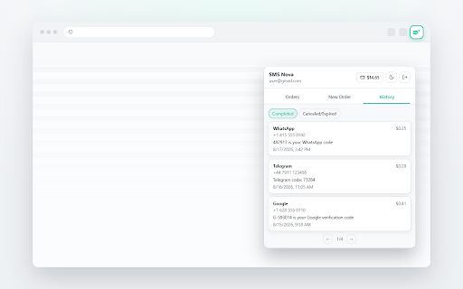 SMS Nova - Temporary Phone Number :: Manage your SMSNova virtual numbers, view SMS codes, and check your wallet balance right from your browser toolbar.