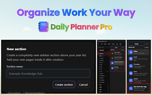 Daily Planner Pro — Work Notebook & Task Organizer :: A private, offline work notebook with daily planner pages, North Star notes, templates, search, autosave, and dark/light mode.