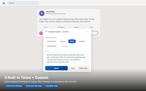 LinkedIn Copilot :: AI writing assistant for LinkedIn. Generate smart comments, cold DMs, and posts with one click.
