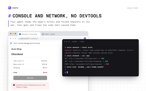 reins :: Drive your real, logged-in browser from your coding agent (via the reins CLI).