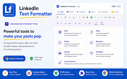 LinkedIn Text Formatter :: Format LinkedIn posts with bold, italic, bullets, templates and more — directly in the composer.
