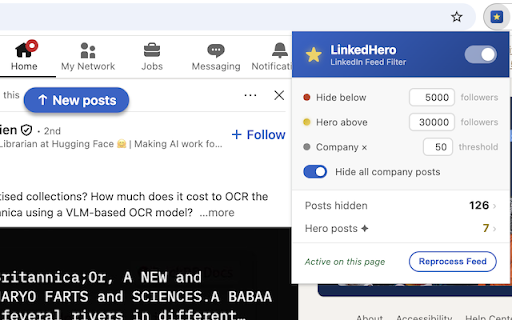 LinkedHero :: Filter LinkedIn feed posts by author follower count. Hide noise, highlight influence.