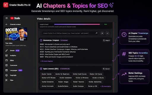 Creator Studio Pro AI - SEO & Subtitles for YouTube :: Auto-generate subtitles and optimize title and description SEO scores inside YouTube Studio using AI.