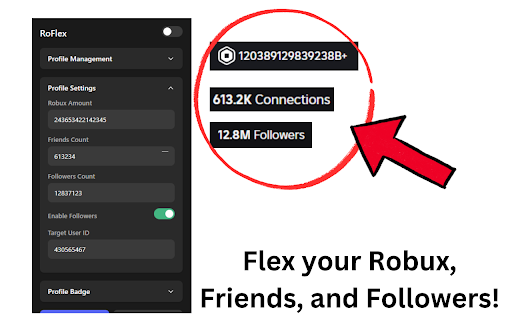RoFlex :: Visually modify your Roblox profile with custom Robux amounts, badges, and themes.