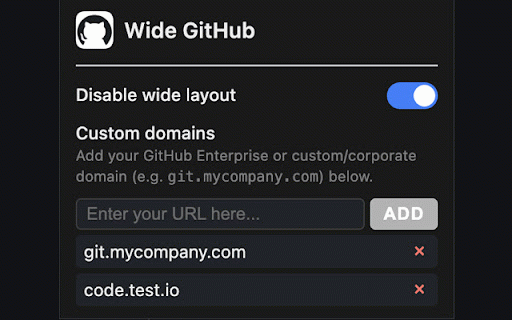 Wide GitHub :: Makes GitHub wide on Google Chrome. Supports GitHub, private Gists, GitHub Enterprise, and custom domains (TLDs).
