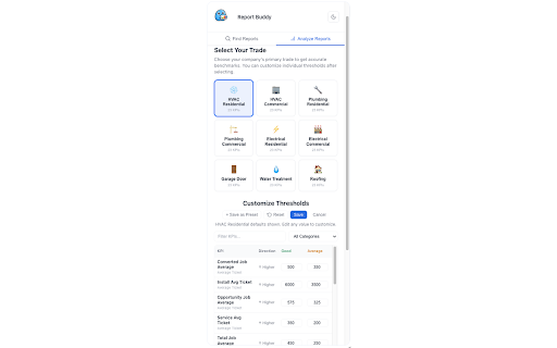 Report Buddy :: Build ServiceTitan reports with plain English, analyze exports against trade benchmarks, and highlight KPIs live.