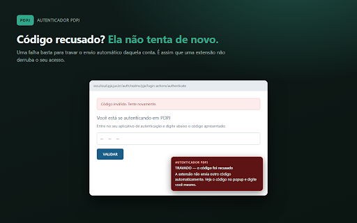Autenticador PDPJ :: Preenche o código de duas etapas do PDPJ/PJe sozinho, com várias contas e travas contra envio na conta errada.