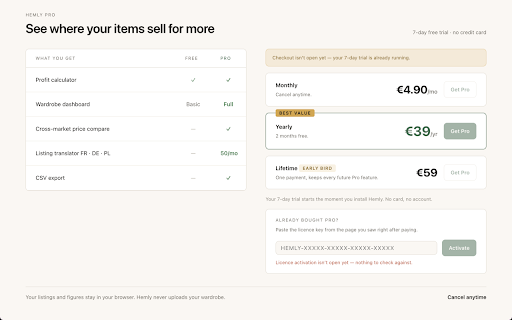 Hemly — Profit Calculator for Vinted Sellers :: See your real profit on every listing, price with data, track your wardrobe. No account, your data stays in your browser.