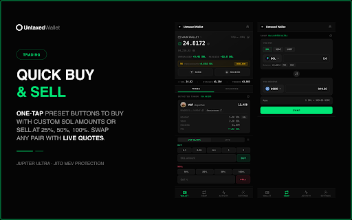 Untaxed Wallet :: Instantly trade Solana tokens from your browser sidebar across popular trading platforms — with zero platform markup.