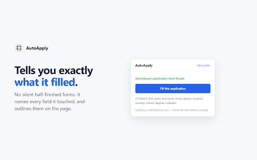 AutoApply by FreeCareerPath.com :: Fill job applications from details you save once. Never submits anything for you.