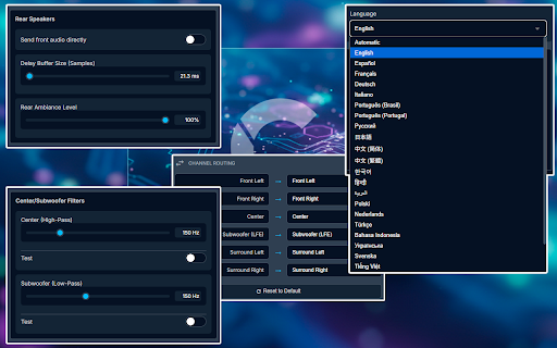 Stereo amplifier & true surround sound converter to 5.1 :: Converts stereo to true surround sound (5.1+). Also enhances Stereo 2.0 with EQ and Normalizer. Works on any site, even protected.