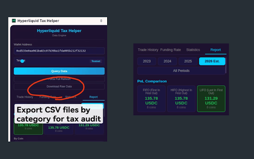 Hyperliquid Tax Helper :: Query and display Hyperliquid trading data to support tax planning.