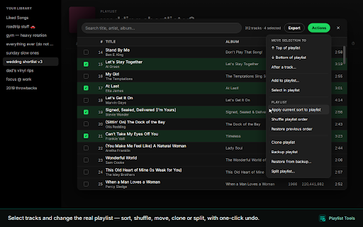 Playlist Tools for Spotify :: Search, sort, shuffle, clone, back up & restore playlists. Filters, bulk edits, Liked Songs - and the classic heart icon is back.