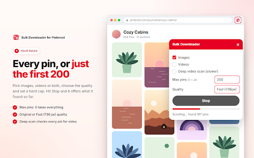 Bulk Downloader for Pinterest :: Auto-scrolls a board, grabs every pin at full resolution, and saves them all as one ZIP. No account, no server, no upload.