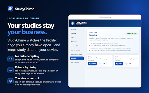 StudyChime - Prolific Study Alerts :: Prolific study alerts and notifications in Chrome or on your phone via Discord, Telegram or Pushover, with filters and study trends.