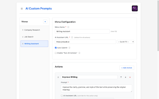 AI Custom Prompts :: Send selected text to your favorite AI Agent (ChatGPT, Gemini, Claude) with custom prompts and shortcuts.