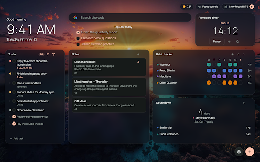 Firstlight — New Tab Dashboard: Widgets, To-Do, Weather :: A calm, customizable New Tab: drag-and-drop widgets for search, weather, to-do, habits, pomodoro, notes, RSS, and Google apps.
