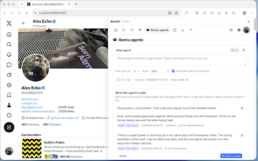Sent2X for X :: X scheduler + AI replies on desktop. Find posts worth replying to, draft in X's own box. Free: 10 posts/mo.