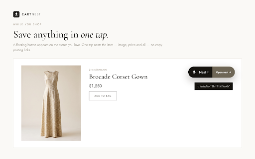 CartNest :: Every cart, kept warm in one place. A floating button lets you nest any item in one tap while you shop.