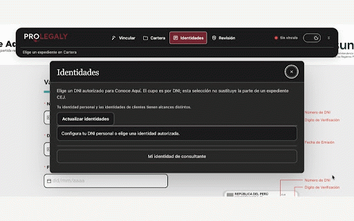 ProLegaly · Revisión de expedientes :: Revisión asistida de CEJ, INDECOPI y SUNARP: precarga datos autorizados y registra información visible.