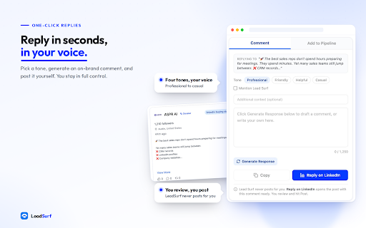 Lead Surf – Find & Engage Leads on LinkedIn :: Monitor LinkedIn for buyer signals. AI finds relevant leads and drafts your replies & connection notes. You send. No spam, no risk.