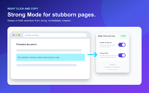 Right Click and Copy :: Enable right click, text selection, copying and dragging on blocked websites, with per-site controls and Strong Mode.