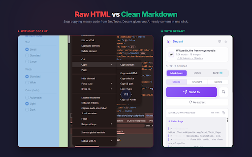 Decant — Send any page to Claude, ChatGPT & Gemini :: Extract any web page & send to Claude, ChatGPT or Gemini in one click. Clean Markdown, JSON, MCP bridge for AI agents & developers.
