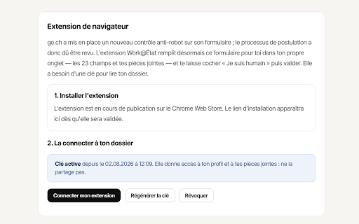 Work@État — remplissage du formulaire ge.ch :: Remplit pour vous le formulaire de candidature ge.ch. Vous validez et envoyez. Service indépendant, non affilié à l'État de Genève.