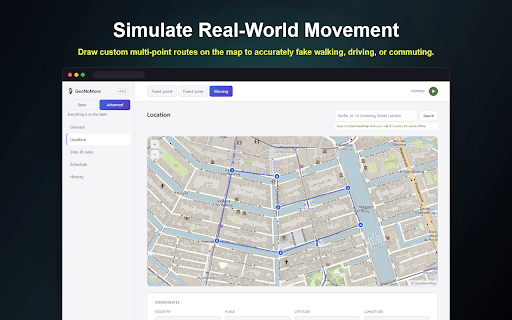 GeoNoMore :: Fake your GPS location in one click. Spoof geolocation, time zone and language per site, or move along a route you drew.