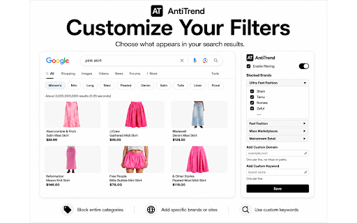 AntiTrend Filter :: Block fast fashion, sponsored results, and unwanted brands from Google Search and Shopping.