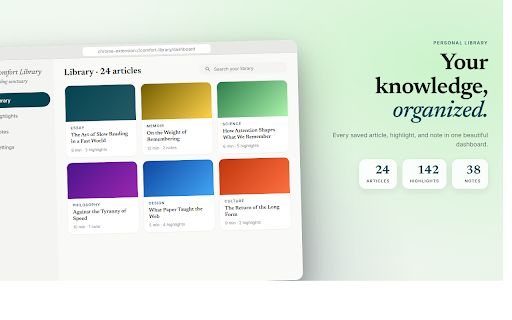 Comfort Library :: Reading mode with highlights, notes, and a knowledge dashboard. Clean content, understand better, organize everything.