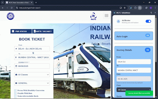 IRCTC TatkalMate :: Speed up Tatkal booking with smart autofill, one-click submission, and built-in ad blocker for a faster IRCTC experience.