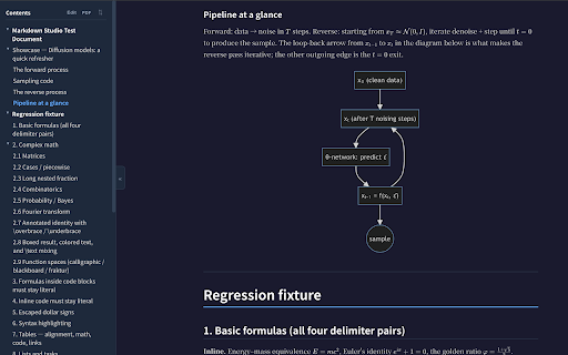 Markdown Studio :: Read, edit, comment on, and export Markdown (.md) to PDF or Word with editable equations. Math, code, tables, Mermaid, themes.