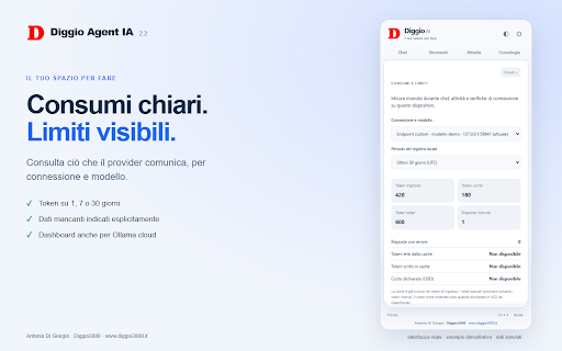 Diggio Agent IA :: Chat AI e agente browser con il tuo modello: procedure riutilizzabili, consumi e comandi autonomi o da approvare.