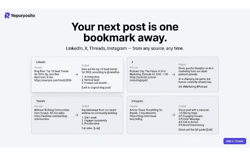 AI Social Media Generator - Repurposito :: AI social media post generator that repurposes any page or video into ready posts using proven creator templates.