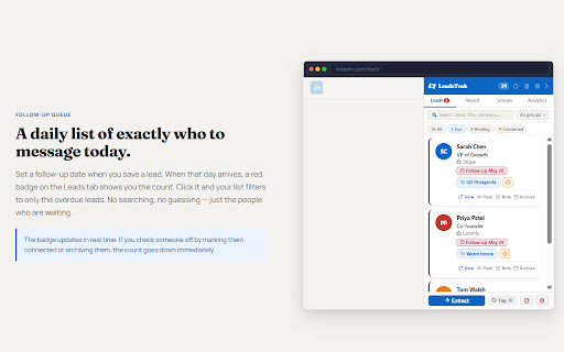 LeadzTrak :: LeadzTrak for LinkedIn: capture, organize, and follow up on leads from a docked side panel.