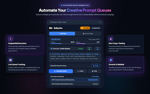 BulkyGen- Flow Automation :: Queue a list of prompts and generate them automatically, one line at a time, on supported AI image and video generator sites.