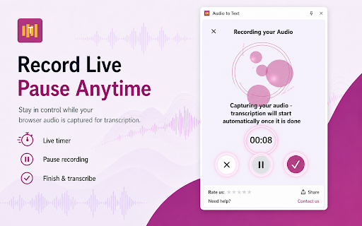 Transcribe Audio to Text Converter :: AI audio-to-text extension for transcribing files, browser tab audio, and microphone recordings.