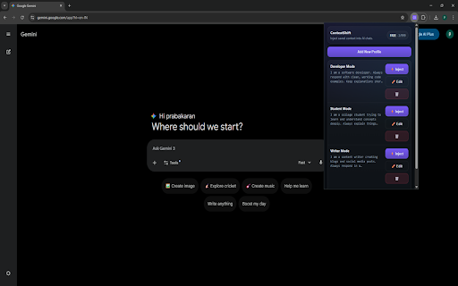 ContextShift :: Save context profiles and inject them into AI chat boxes.