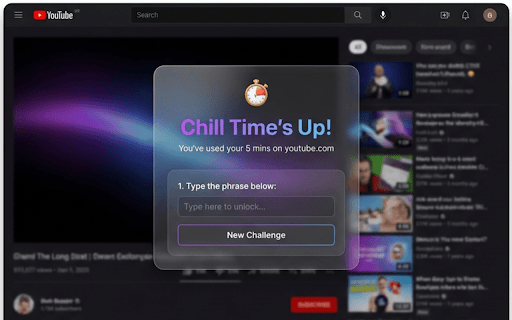 Chill for 5 mins :: Take a chill break! Get 5 minutes on distracting sites, then focus. Time only counts when you're actually looking.