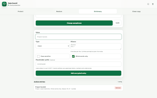 Ruja Guard :: Protect sensitive text and create reviewed plain-text copies locally before sharing with AI.