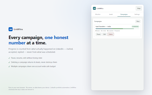 LinkMitra — LinkedIn Outreach & Lead Gen :: Paced LinkedIn outreach with a live account-safety meter. Harvest leads, run connect sequences, stop before you get flagged.