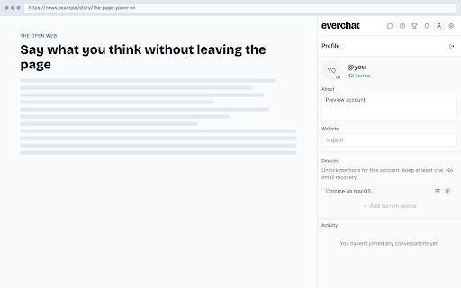 Everchat :: Public comments on any URL. Sign up anonymously with a passkey. No email.
