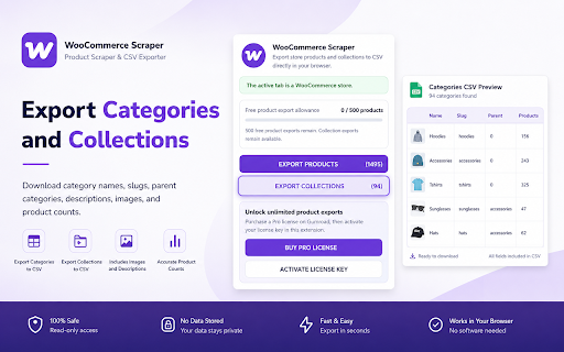 WooCommerce Product Scraper & CSV Exporter :: Export WooCommerce products and categories to CSV in your browser. Free for 500 products; activate license for unlimited exports.